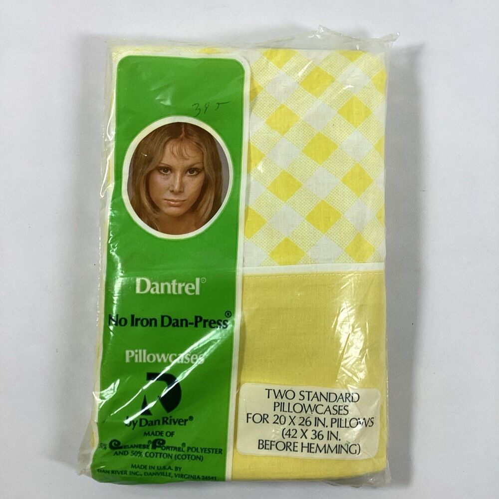 Vtg Dantrel Yellow Double Sheet Set Flat Fitted 2 Cases New Old Stock Dan River - Picture 7 of 8